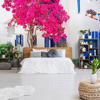 Город флизелиновые фотообои 416x290 см 3D Дерево с цветами на белой греческой улице (14201VEXXXXL)+клей