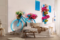Флизелиновые фотообои в зал 368x254 см 3D Синий велосипед с цветами на белой греческой улице (14202V8)+клей