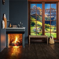 Флизелиновые фотообои с природой в интерьере 206x275 см Альпийский пейзаж с эффектом окна 3D (14203VEA)+клей