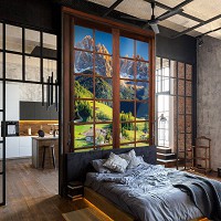 Флизелиновые фотообои в зал 184x254 см Альпийский пейзаж с эффектом окна 3D (14203V4A)+клей