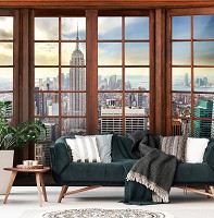 Флизелиновые фотообои город 368x254 см 3D вид из окна на Нью-Йорк (14204V8)+клей