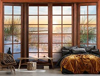 Флизелиновые фотообои 3D Закат на морском пляже за большим окном (14205V)+клей