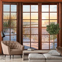 Флизелиновые фотообои природа 460x300 см 3D Закат на морском пляже за большим окном (14205V12)+клей