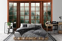 Красивые флизелиновые фотообои на кухню 368x280 см 3D эффект окна Лес в тумане (14206V10)+клей