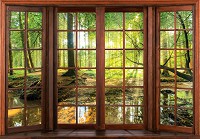 Флизелиновые фотообои в спальню 460x300 см 3D вид из окна на лесной пейзаж (14208V12)+клей - вид 1 миниатюра