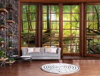 Дерево на флизелиновых фото обоях 312x219 см 3D вид из окна на лесной пейзаж (14208VEXXL)+клей