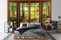 Флизелиновые фотообои лес 254x184 см 3D вид из окна на лесной пейзаж (14208V4)+клей