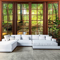Флизелиновые фотообои весна в лесу 3D вид из окна на лесной пейзаж (14208V)+клей