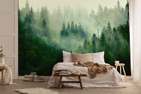 Флизелиновые фотообои в спальню над кроватью 368x254 см 3D Природа Зеленый хвойный лес в тумане (14210V8)+клей