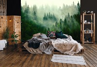 Флізелінові фотошпалери на кухню 460x300 см 3D Природа Зелений хвойний ліс у тумані (14210V12)+клей