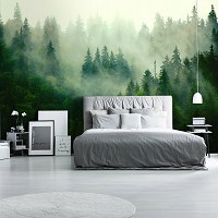 Флизелиновые фотообои в спальню 254x184 см 3D Природа Зеленый хвойный лес в тумане (14210V4)+клей