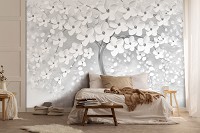 Фотообои 3D флизелиновые 368 x 280 см Серебряное дерево с белыми цветами (14215V10)+клей