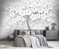 Флизелиновые фотообои 416x254 см 3D Серебряное дерево с белыми цветами (14215VEXXX+клей