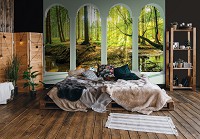 Флизелиновые фотообои в спальню над кроватью 368x254 см 3D Арка Терраса Колонны Зеленый Лес (14221V8)+клей