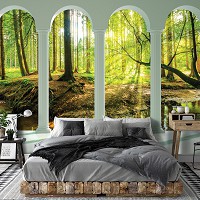 Популярные флизелиновые фотообои 416x254 см 3D Арка Терраса Колонны Зеленый Лес (14221VEXXXL)+клей