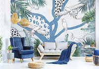 Флизелиновые фотообои 368x254 см Леопардовый принт Абстрактное Искусство Листья Попугаи (14225V8)+клей