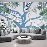 Фото тварин флізелінові фотошпалери 254x184 см Леопардовий принт Абстрактне Мистецтво Листя Папуги (14225V4)+клей