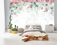 Красивые флизелиновые фотообои на кухню 416x254 см Цветы - Свисающие пионы и зеленые листья (14227VEXXXL)+клей