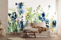 Флизелиновые фотообои листья в интерьере 416x290 см Искусство Акварель Голубые Цветы Луг (14229VEXXXXL)+клей