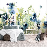 Флизелиновые фотообои листья в интерьере 368x254 см Искусство Акварель Голубые Цветы Луг (14229V8)+клей