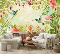 Флизелиновые фотообои листья 416x254 см Растения Экзотические зеленые джунгли Колибри (14232VEXXXL)+клей