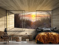 Флизелиновые фотообои 3д фото 312x219 см Терраса Окно Пляж Вид на Закат (14235VEXXL)+клей