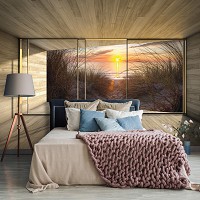 Флизелиновые фотообои в морском стиле 416x254 см 3D Терраса Окно Пляж Вид на Закат (14235VEXXXL)+клей