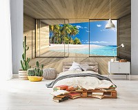 Летние флизелиновые фотообои море 254x184 см 3D Терраса Окна Вид на Тропический Пляж (14236V4)+клей