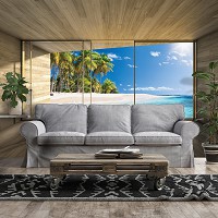 Природа флизелиновые фотообои 368x254 см 3D Терраса Окна Вид на Тропический Пляж (14236V8)+клей