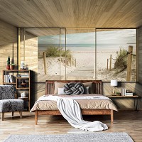 Флизелиновые фотообои морская тематика 416x254 см 3D Терраса Окно Пляж Пейзаж (14237VEXXXL)+клей