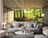 Флизелиновые фотообои природа 416x254 см 3D-окно террасы с видом на лес (14238VEXXXL)+клей