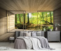 Флизелиновые фотообои под дерево 254x184 см 3D-окно террасы с видом на лес (14238V4)+клей