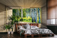 Флизелиновые фотообои на всю стену 312x219 см 3D Терраса Окно Березовый Лес Природа (14239VEXXL)+клей