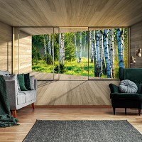 Флизелиновые фотообои под дерево 416x254 см 3D Терраса Окно Березовый Лес Природа (14239VEXXXL)+клей