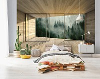 Флизелиновые фотообои с рисунком доски 416x254 см 3D Терраса Окно Лес в тумане (14240VEXXXL)+клей