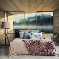 Красивые пейзажи флизелиновые фотообои 416x254 см 3D Терраса Окно Горы Вид на Озеро (14241VEXXXL)+клей