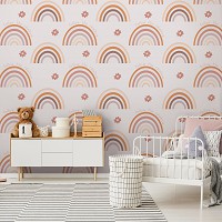 Флизелиновые фотообои в интерьере спальни 312x219 см Для детей девочек Скандинавский стиль Пастельная радуга+клей