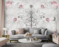 Флизелиновые фотообои для кухни 254x184 см Бохо Стиль Стрекоза Розовые Пионы (14293V4)+клей