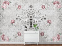 Флизелиновые фотообои 520x318 см Бохо Стиль Стрекоза Розовые Пионы (14293VEXXXXXL)+клей