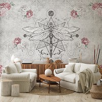 Флизелиновые фотообои в зал 312x219 см Бохо Стиль Стрекоза Розовые Пионы (14293VEXXL)+клей