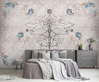 Флизелиновые фотообои на кухню цветы 254x184 см Стрекоза в стиле бохо Голубые пионы (14294V4)+клей