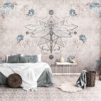 Флизелиновые фотообои с геометрией 368x254 см Стрекоза в стиле бохо Голубые пионы (14294V8)+клей