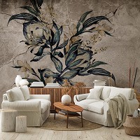 Флизелиновые фотообои для спальни 416x290 см Природа Цветы Листья Ретро Бетон (14295VEXXXXL)+клей