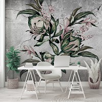 Флизелиновые фотообои на всю стену 254x184 см Природа Цветы Серый бетон Листья (14296V4)+клей