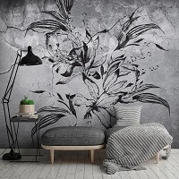 Флизелиновые фотообои в интерьере 368x254 см Черный цветок на фоне треснувшей стены под штукатуркой (14301V8) +клей