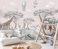Красивые флизелиновые фотообои 254x184 см Животные Сафари Слоны Жирафы Лес (14304V4)+клей