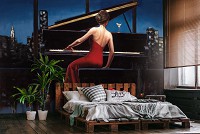 Флизелиновые фотообои в спальню над кроватью 368x254 см Женщина Город Небо Музыка Фортепиано (14348V8)+клей