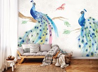 Флизелиновые фотообои для спальни Нарисованные на стене птицы павлины и бабочки (14384V)+клей