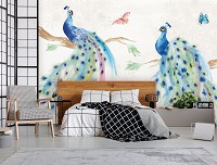 Флизелиновые фотообои 368x254 см Нарисованные на стене птицы павлины и бабочки (14384V8)+клей