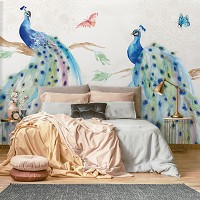 Флизелиновые фотообои бабочки 312x219 см Нарисованные на стене птицы павлины (14384VEXXL)+клей